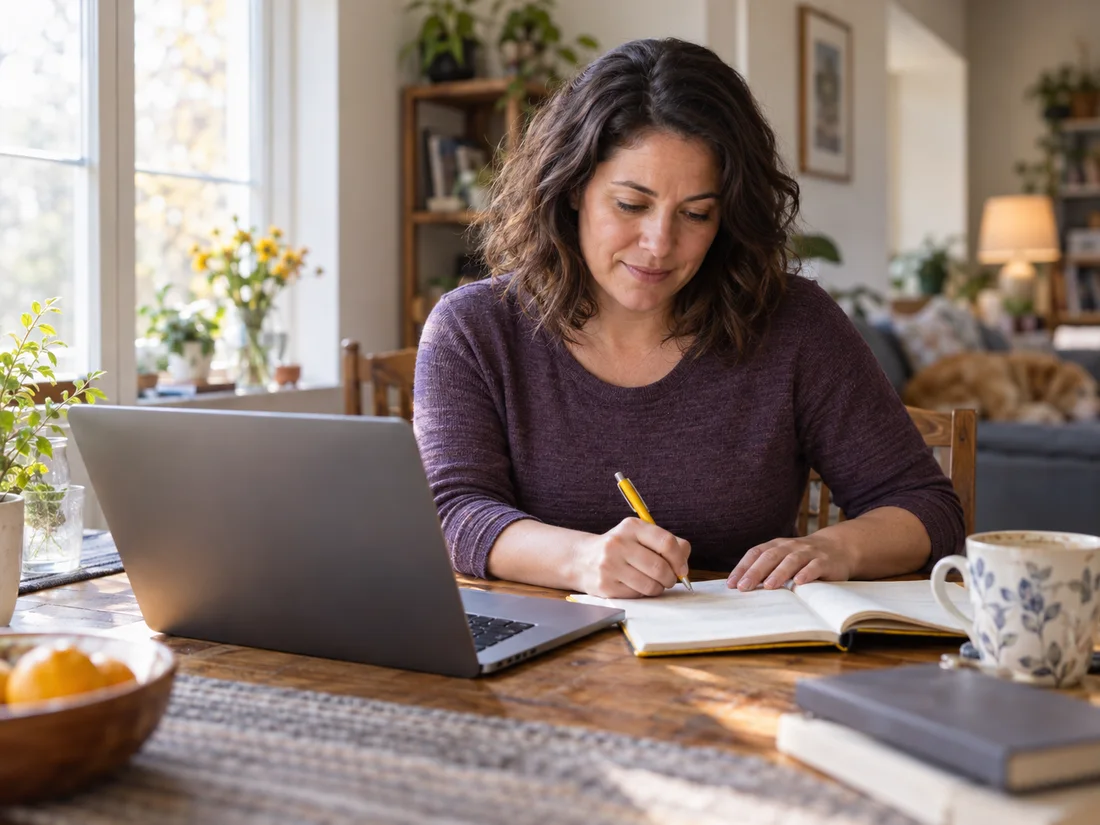 An adult learner writes in a notebook beside her laptop at a sunlit dining table.